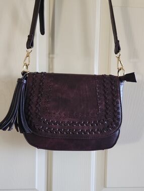 Madison West Deep Plum/purple Woven Flap Crossbody with Tassel